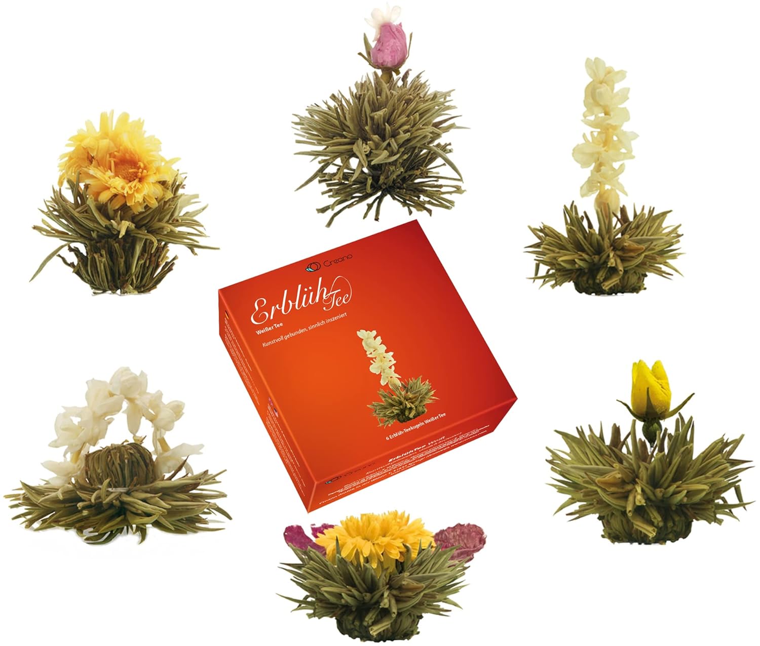 Creano Blooming Tea Sampler in a Classy Gift Box to Try - White Tea - Gift for Women, Mom, Tea Lovers - 6 Pieces (Pack of 1)