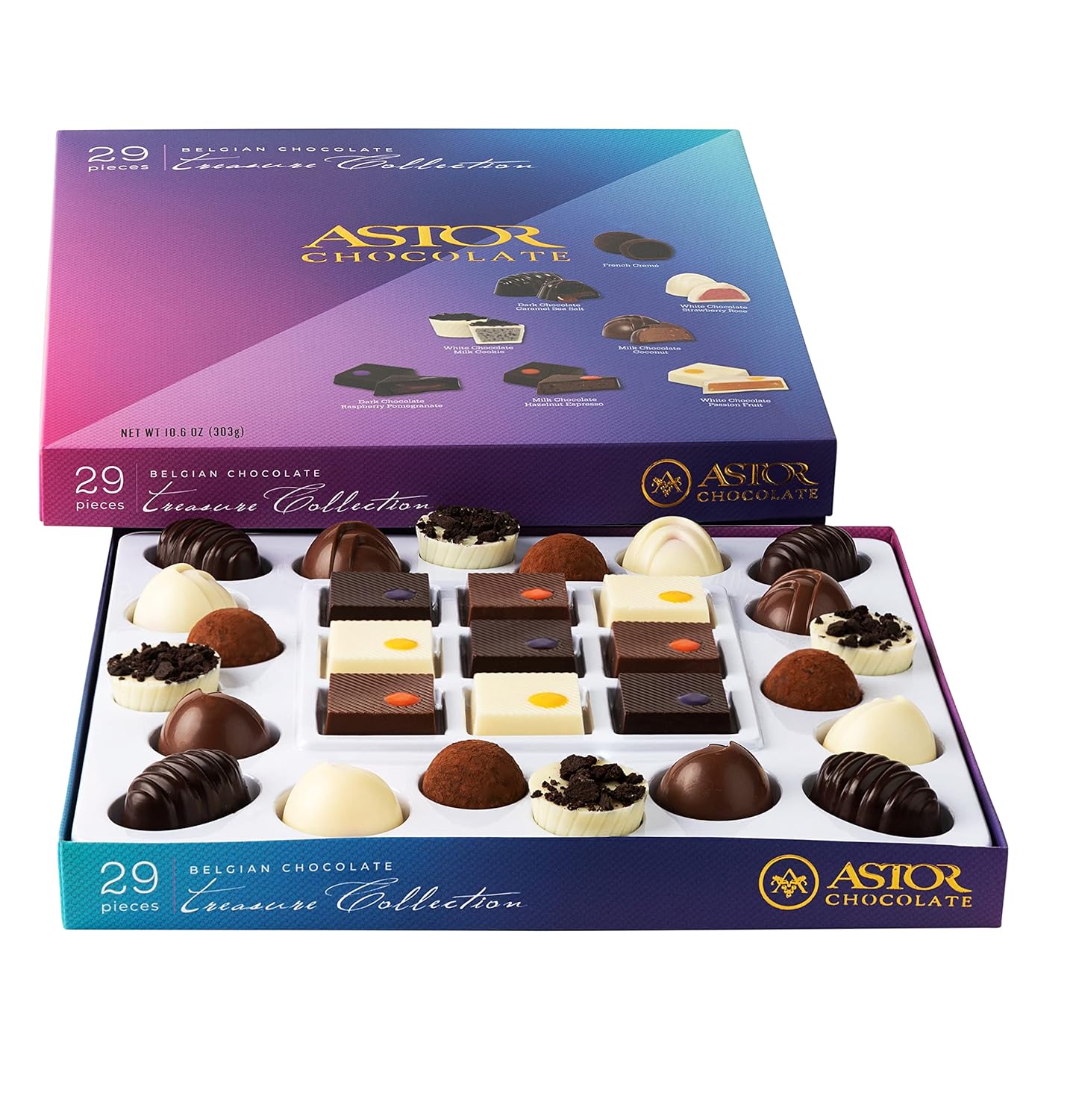Gourmet Chocolate Truffles Gift Box, Astor Chocolate Treats Collection, 29 Assorted Belgian Chocolate Candy Gifts for for Her and Him with 8 Delectable Flavors, Kosher 29 Pieces