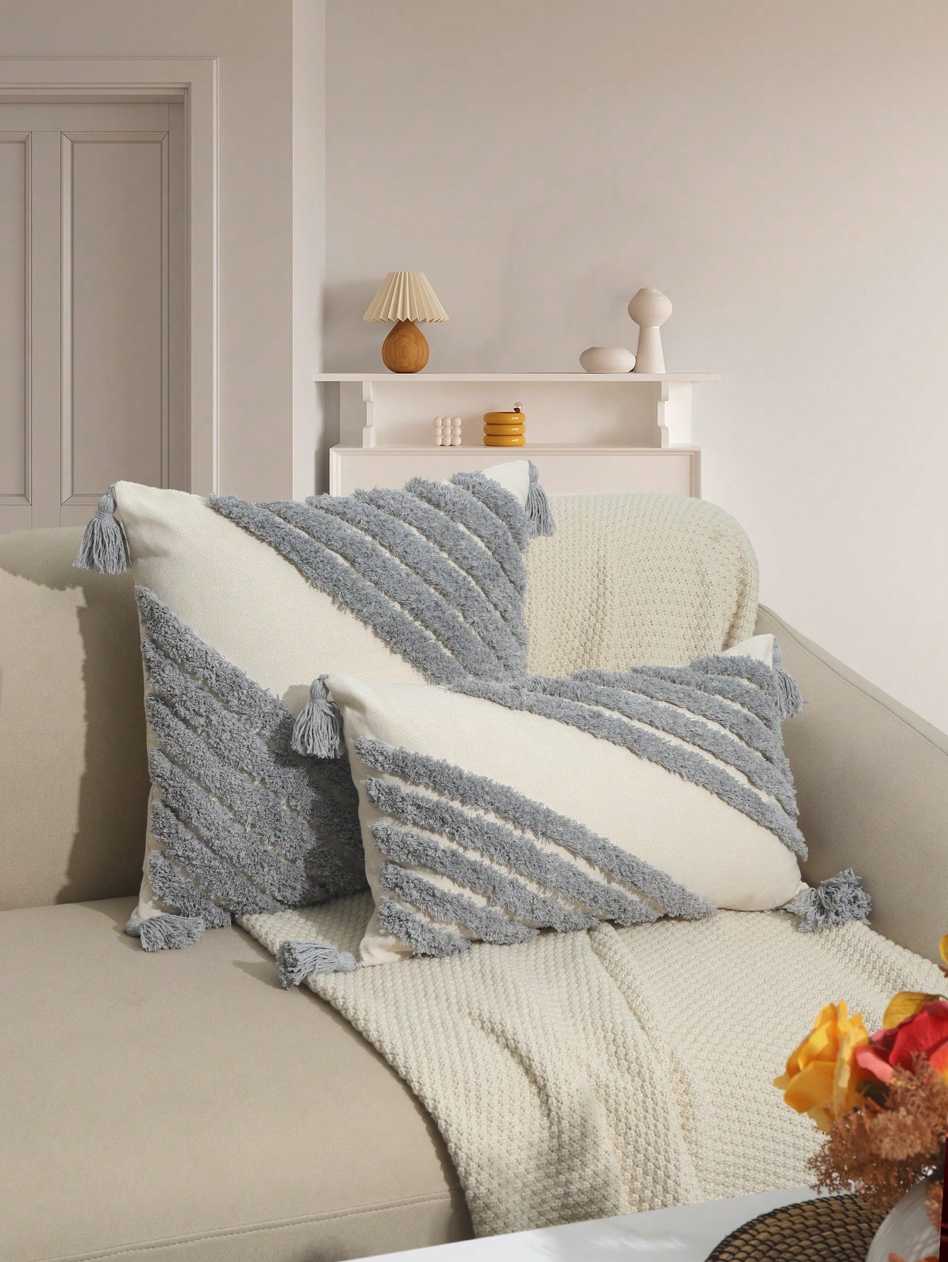 1set (2pcs) Gray Geometric Lines Series Cushion Cover Set, European And American Ins Modern Simple Style Flocking Craft Suitable For Living Room Sofa, Bedroom, Bed And Breakfast