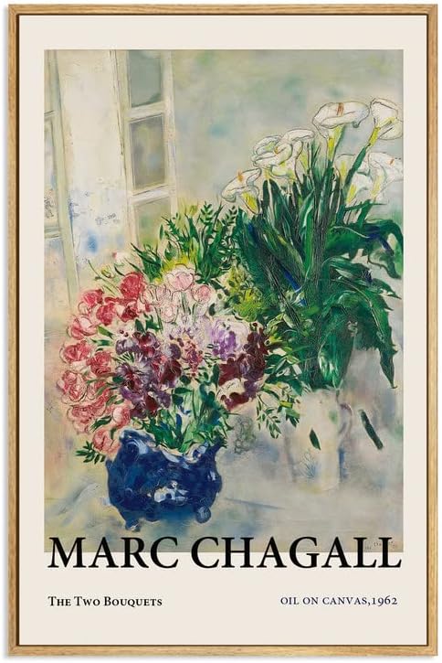 Gufro Framed Canvas Print Wall Art The Two Bouquets By Chagall,Classic Vintage Flower Illustrations Fine Art Decorative Multicolor for Livingroom,Bedroom,Office Home Decoration- 16''x24''Natural Framed K1-Nature Framed 24L" x 16W"