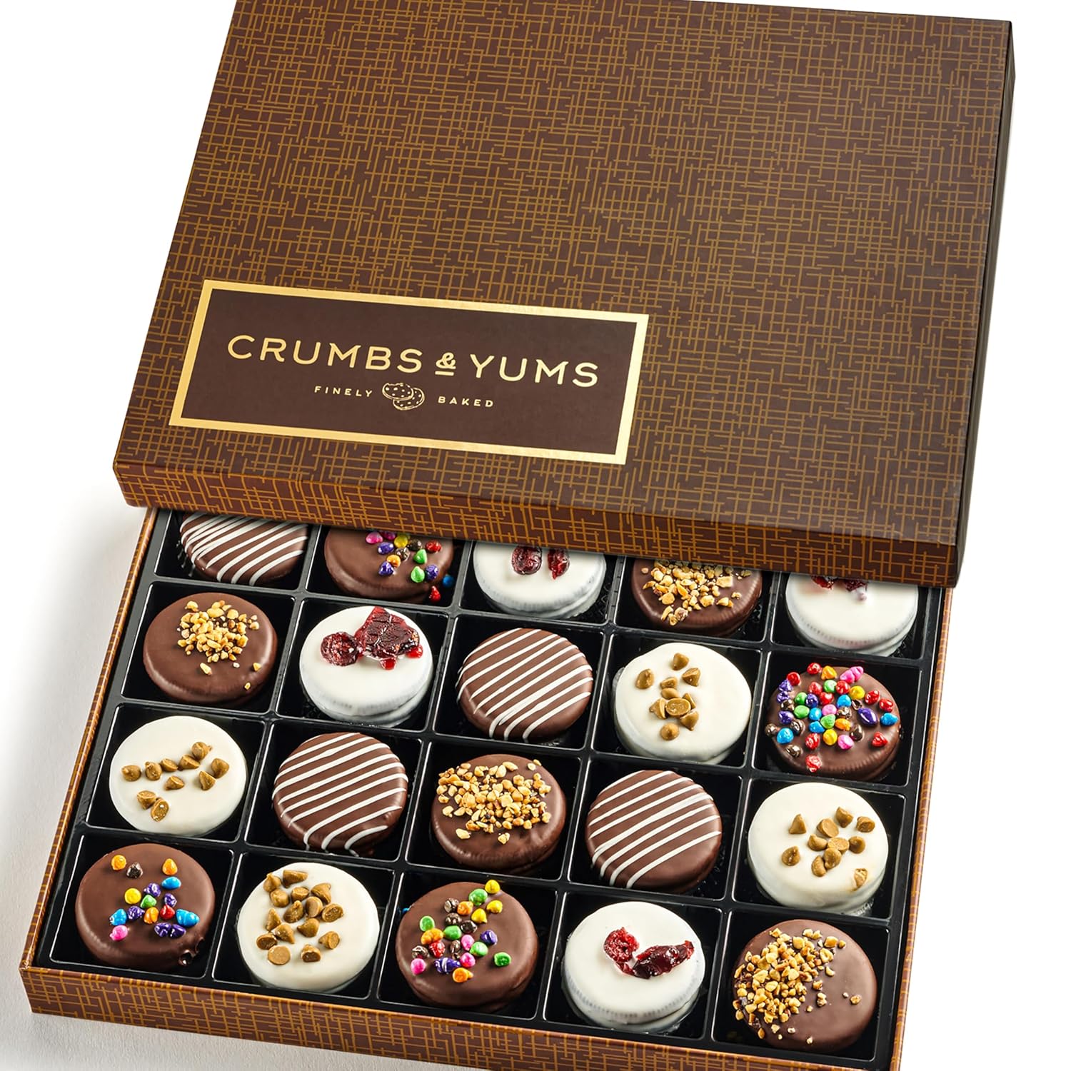 Cookies Gift Basket - 20 Gourmet Chocolate Covered Sandwich Cookies with Assorted Toppings - Assorted Food Gift Box for Christmas, Thanksgiving, Fathers Day, Mothers Day, Family, Sympathy, Men & Women.