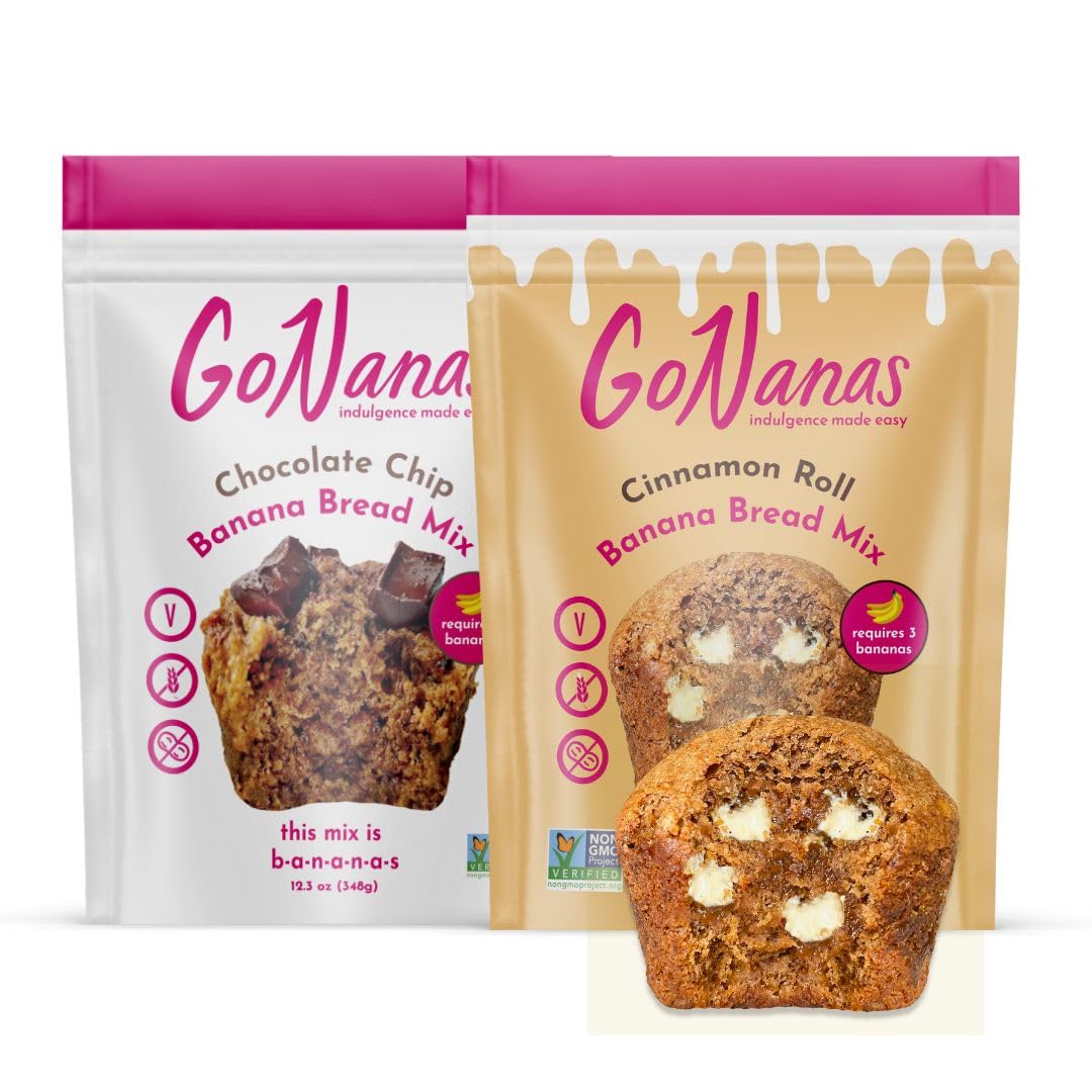 GoNanas Banana Bread Mix - Bundle of 2 Flavors. Vegan, Gluten Free Healthy Snacks. Oat Flour Banana Bread or Banana Muffin Mix. Women Owned, US Ingredients, Dairy Free, Nut Free, Delicious Snacks