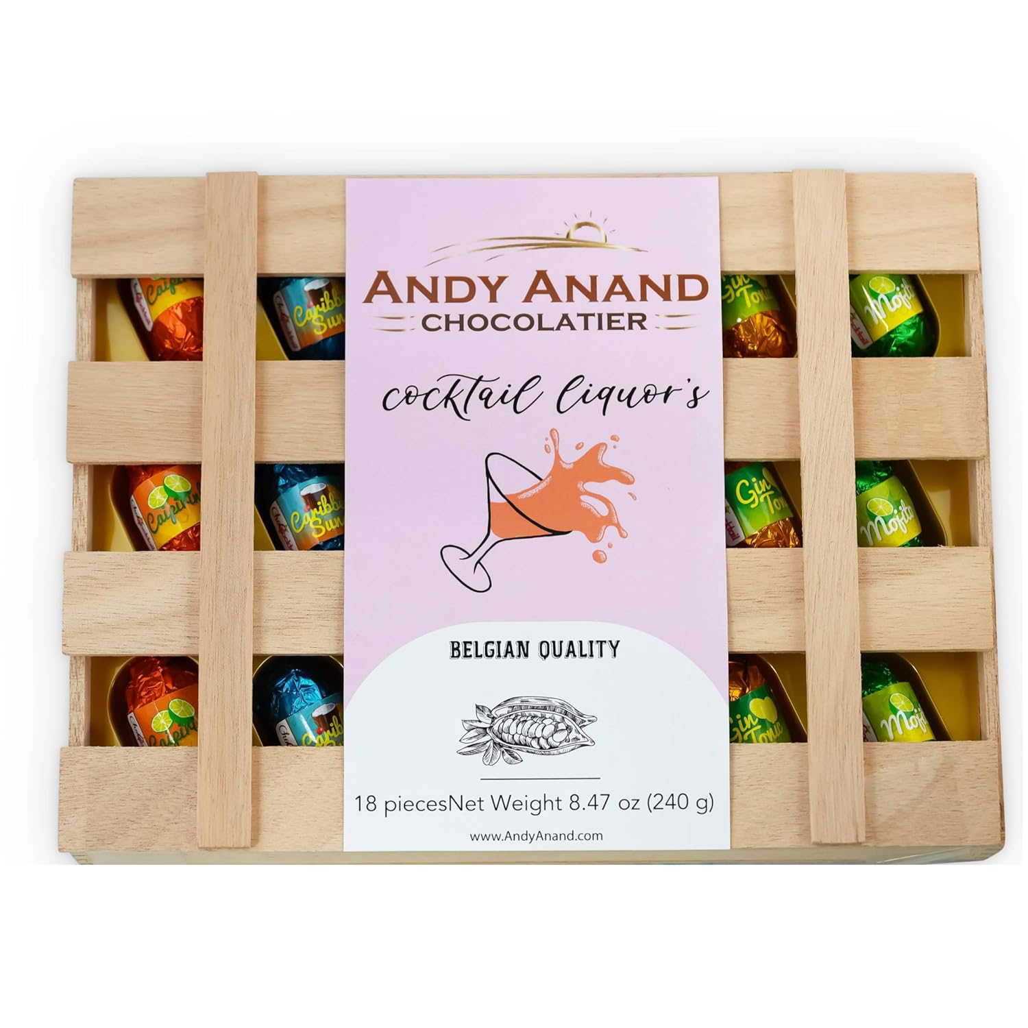 European Cocktail Flavored Vegan Dark Chocolate Bottles, Assortment Of Premium Selection, Mojito, Caribbean Sunset, Limoncello, Gin Tonic, Vodka Redbull 18 Count – 11.5 Oz