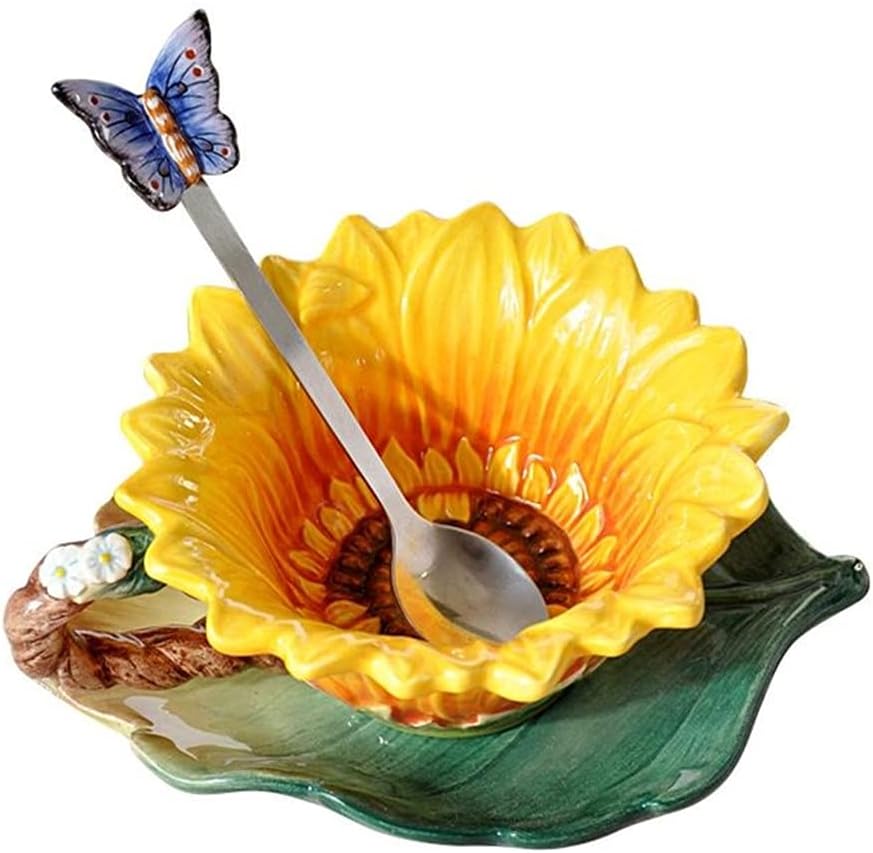 Ceramic Coffee Mug and Saucer set with Spoon,3D Handmade and Hand-painted Sunflower and Leaf Design Tea Mug, Birthday Gifts for Women- 6oz