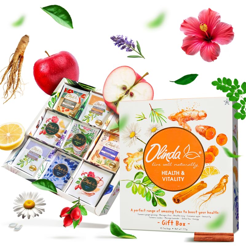 Olinda Health Vitality Gift Box Organic Herbal Tea Sampler Low Caffeine Detox Energy Natural Premium 9 Variety Pack 45 Individually Wrapped Bags Tea Sets Gifts for Women Health & Vitality Tea Gift Box 45 Count (Pack of 1)