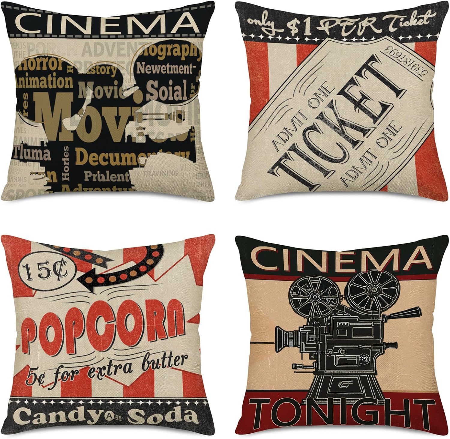 Fukeen Vintage Cinema Decorative Pillow Covers Set of 4 Movie Theater with Fresh Popcorn, Projector, Admit One Ticket Decorative Pillow Cases Cotton Linen Square 18”x18” Home Couch Decor Cushion Cover Cinema Movie Theater