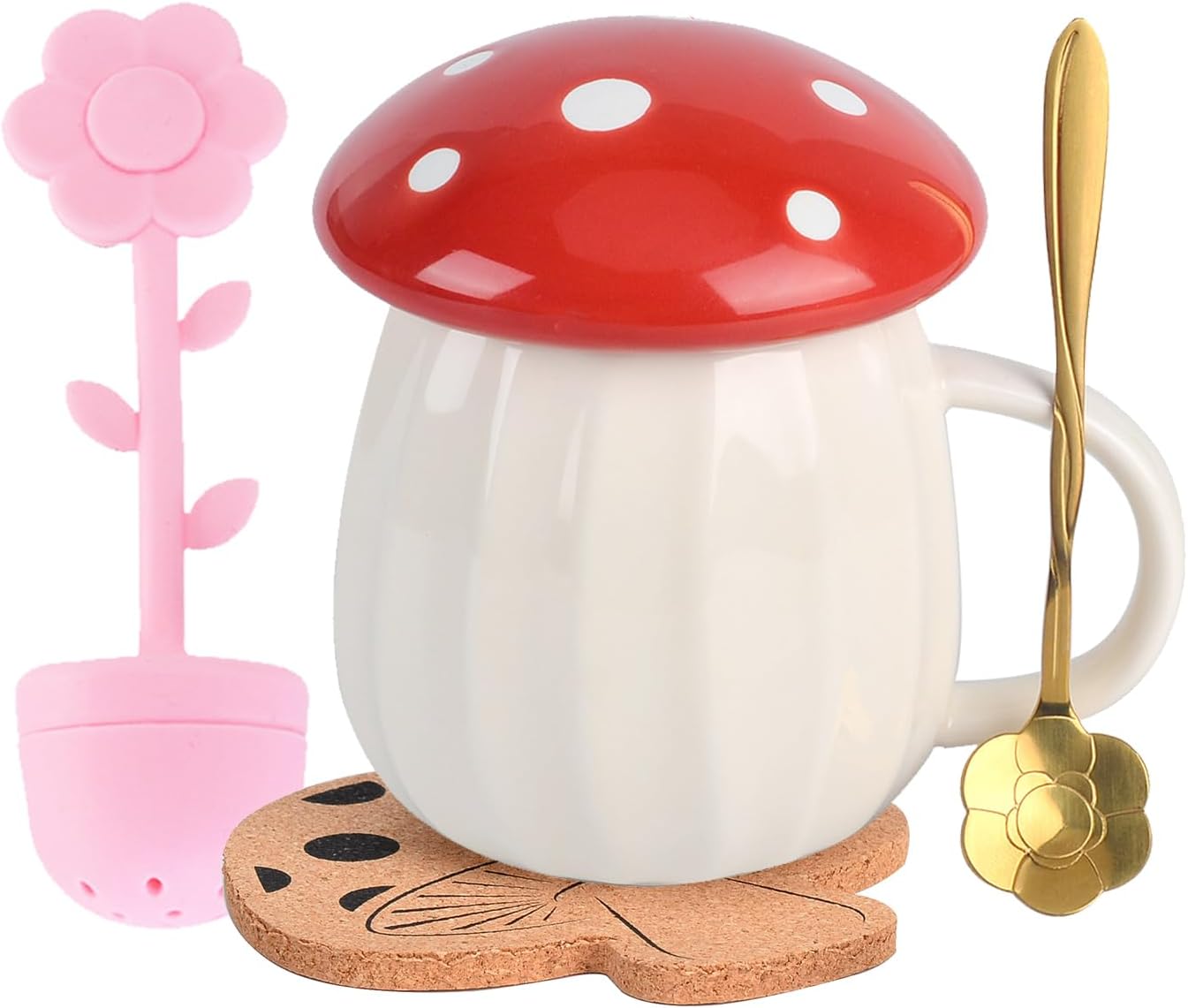 Mushroom Mug, Cute Coffee Mug with Lid, Gift for Women, Ceramic Tea Mug 8oz Kawaii Mushroom Tea Cup with infuser, Mushroom Stuff Decor, Mothers Day Gift for Mom, Girls, Christmas, Birthdays Red