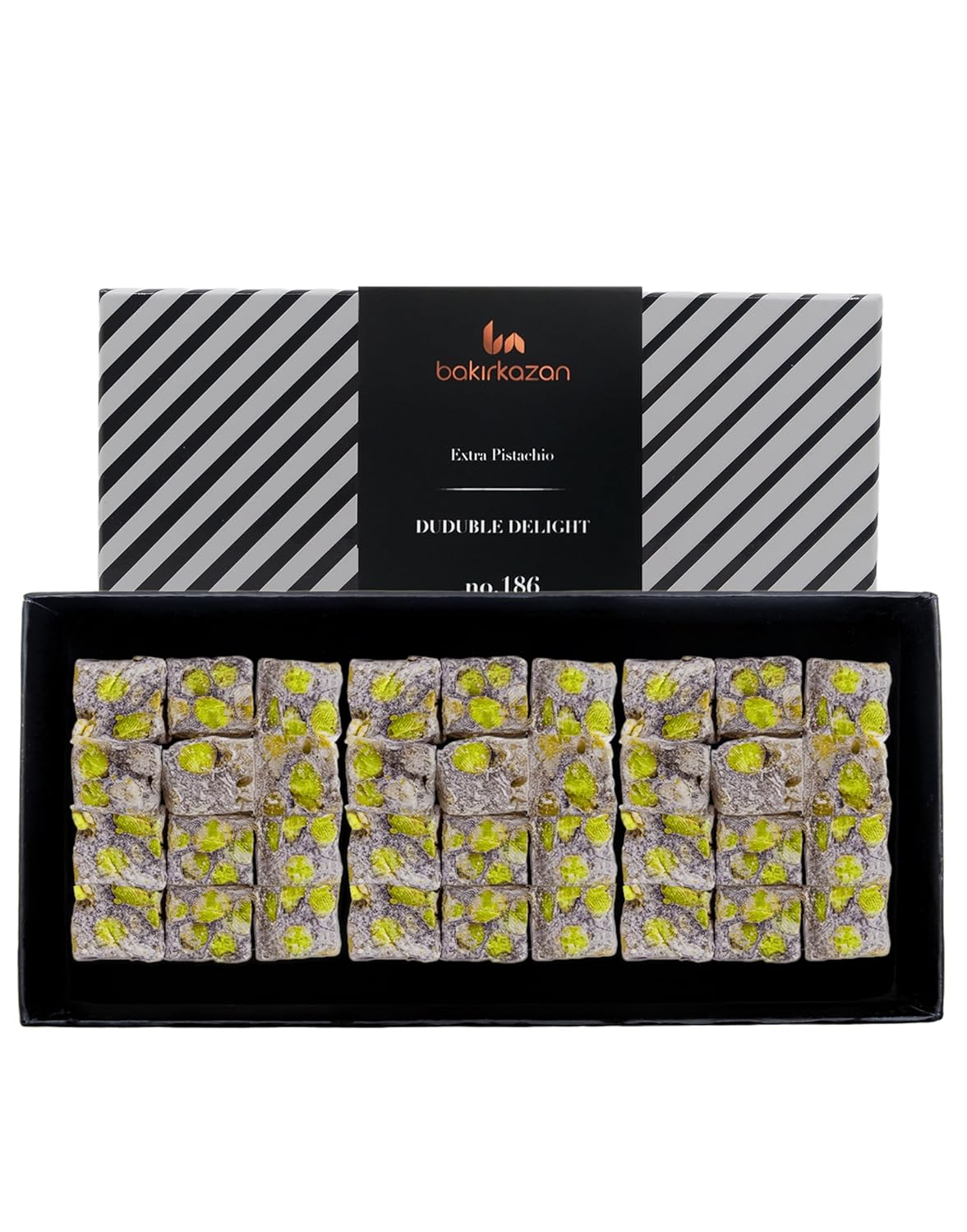 Turkish Delight Pistachio Extra Duduble by BAKIRKAZAN, %40 PISTACHIO Turkish Delights Candy 8.8 oz Luxury Food Gifts, Turkish Candy Assorted Flavors gourmet candy, Best Food & Beverage Christmas New year Gifts Option, Lokum, Vegan Turkish Snacks dubai chocolate bar pistachio baklava