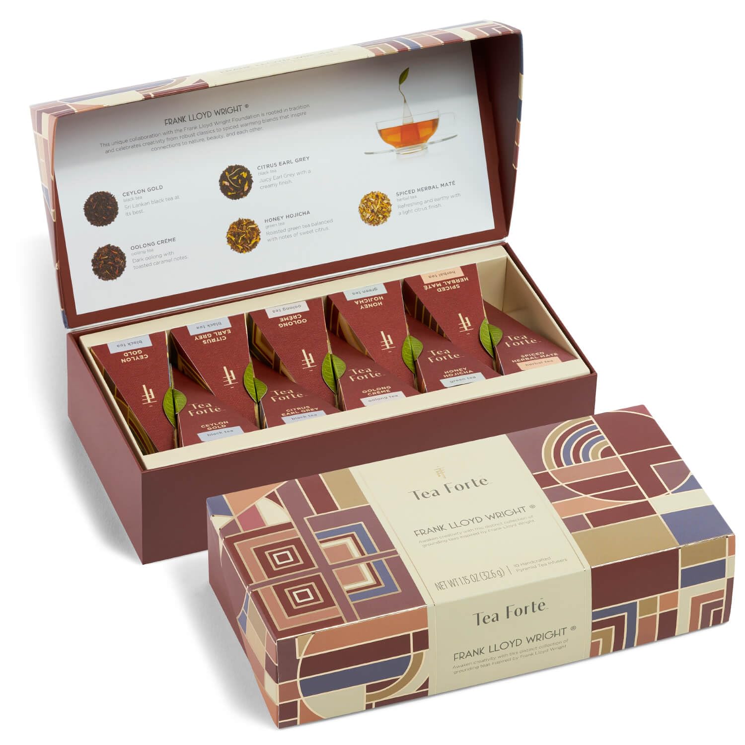 Tea Forte Frank Lloyd Wright, Petite Presentation Box Tea Sampler Gift Set with 10 Handcrafted Pyramid Tea Infusers Frank Lloyd Wright Collection