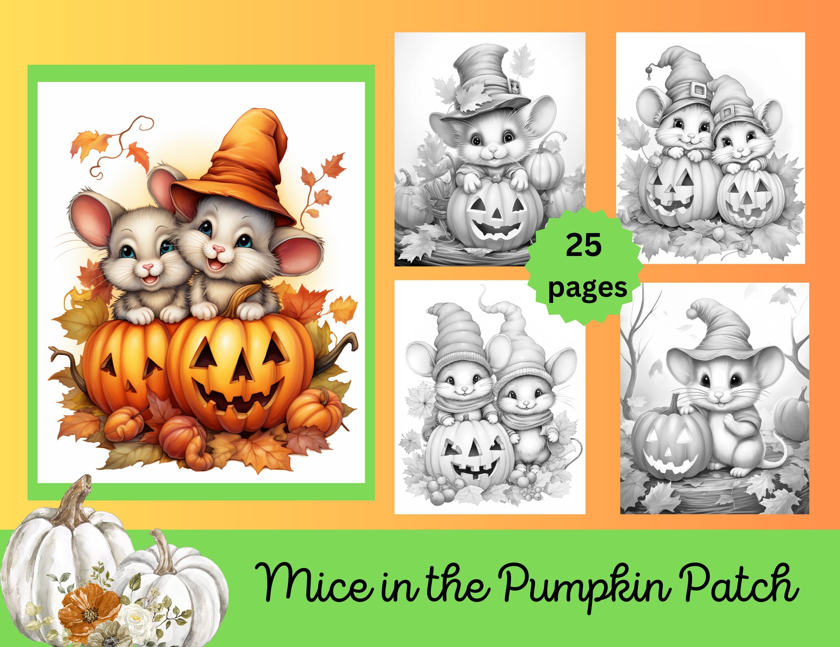 Mice in the Pumpkin Patch Adult Coloring Pages, 25 Digital Downloads, Halloween Coloring Sheets, Printable PDF, Animal Coloring Pages