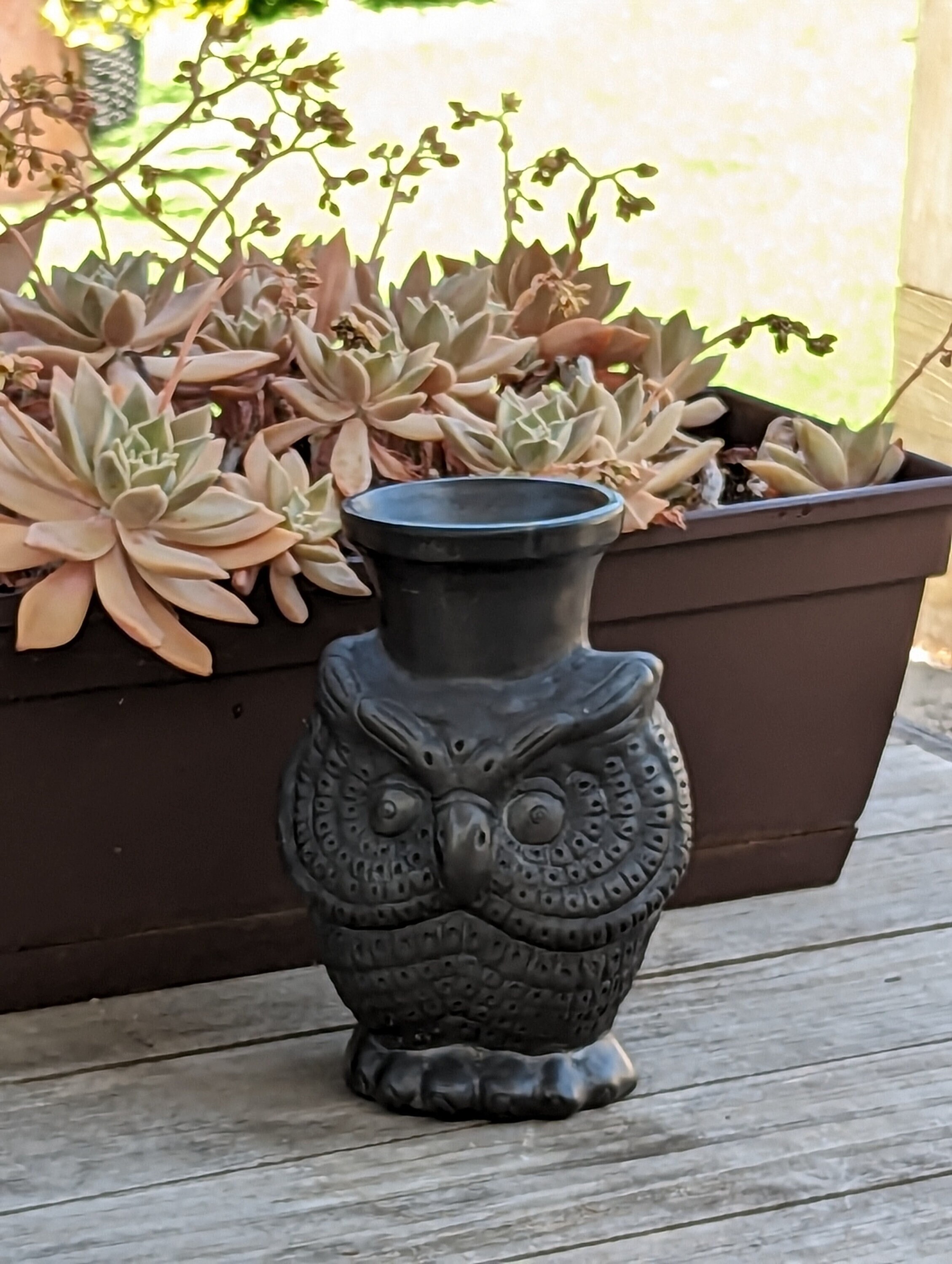 Black Owl Vase in Clay  Dried Flower Pot, Handmade Mexican Pottery from Atzompa Mexico, Home Indoor Decor as Floral Centerpiece