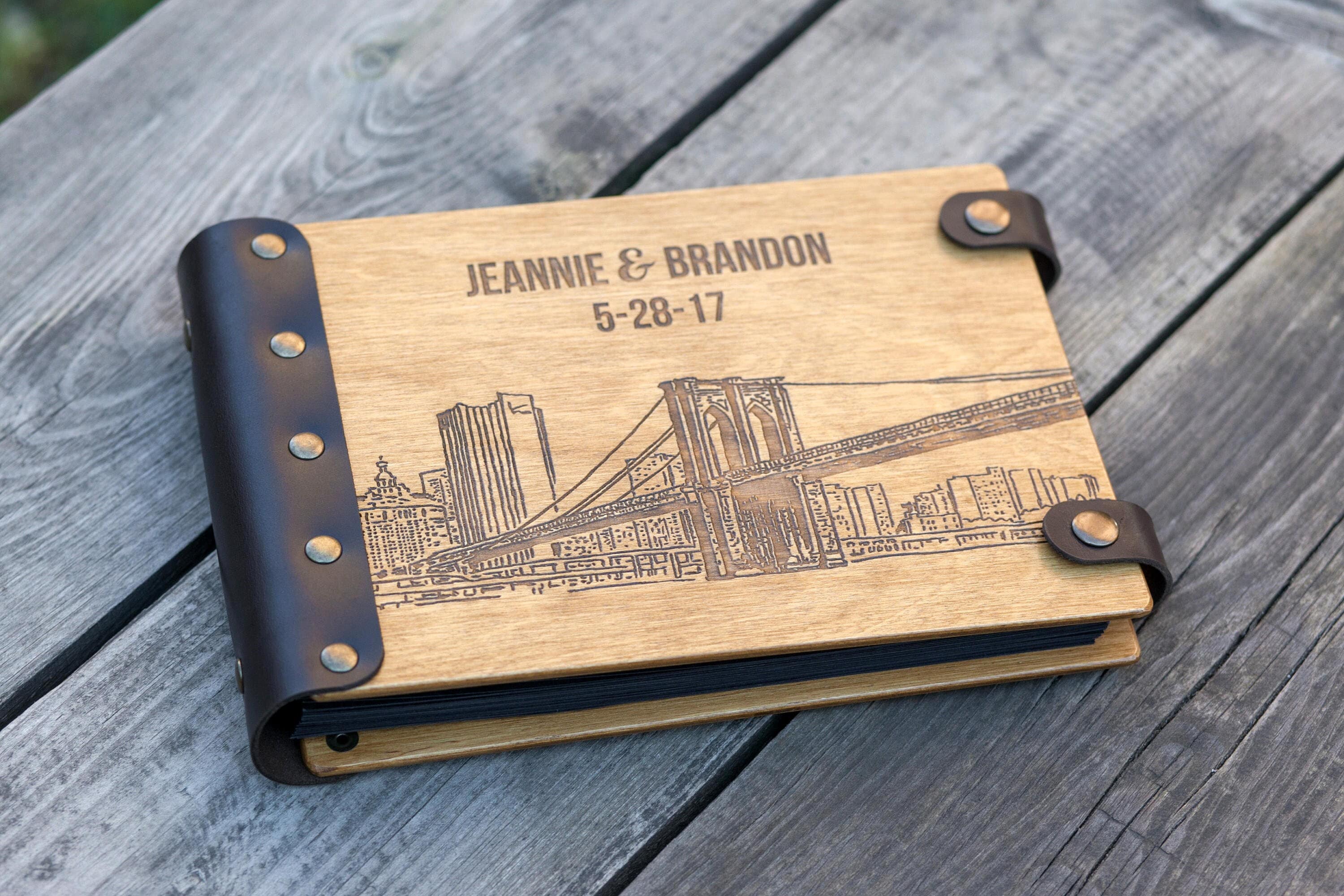 Wooden Photo Album Brooklyn Bridge, Family Keepsake Personalized Photo Album, Scrapbook Album Custom Anniversary Gift, Wedding Photo Album