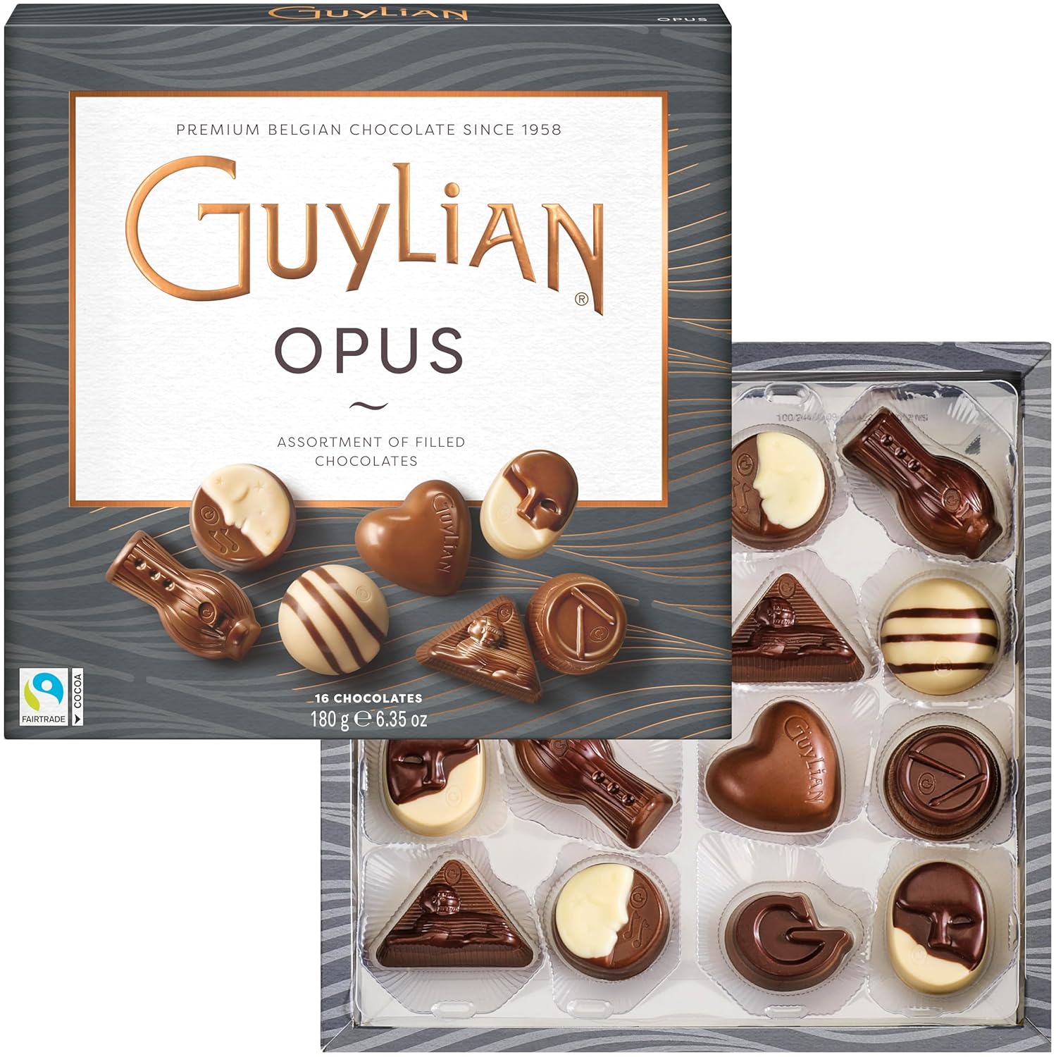 Belgian Chocolate Gift Box by GuyLian, 16 pc Opus Luxury Assortment, Premium Gourmet Chocolate, Milk, White, Dark, Valentines Candy Treat for Women and Men, 180g