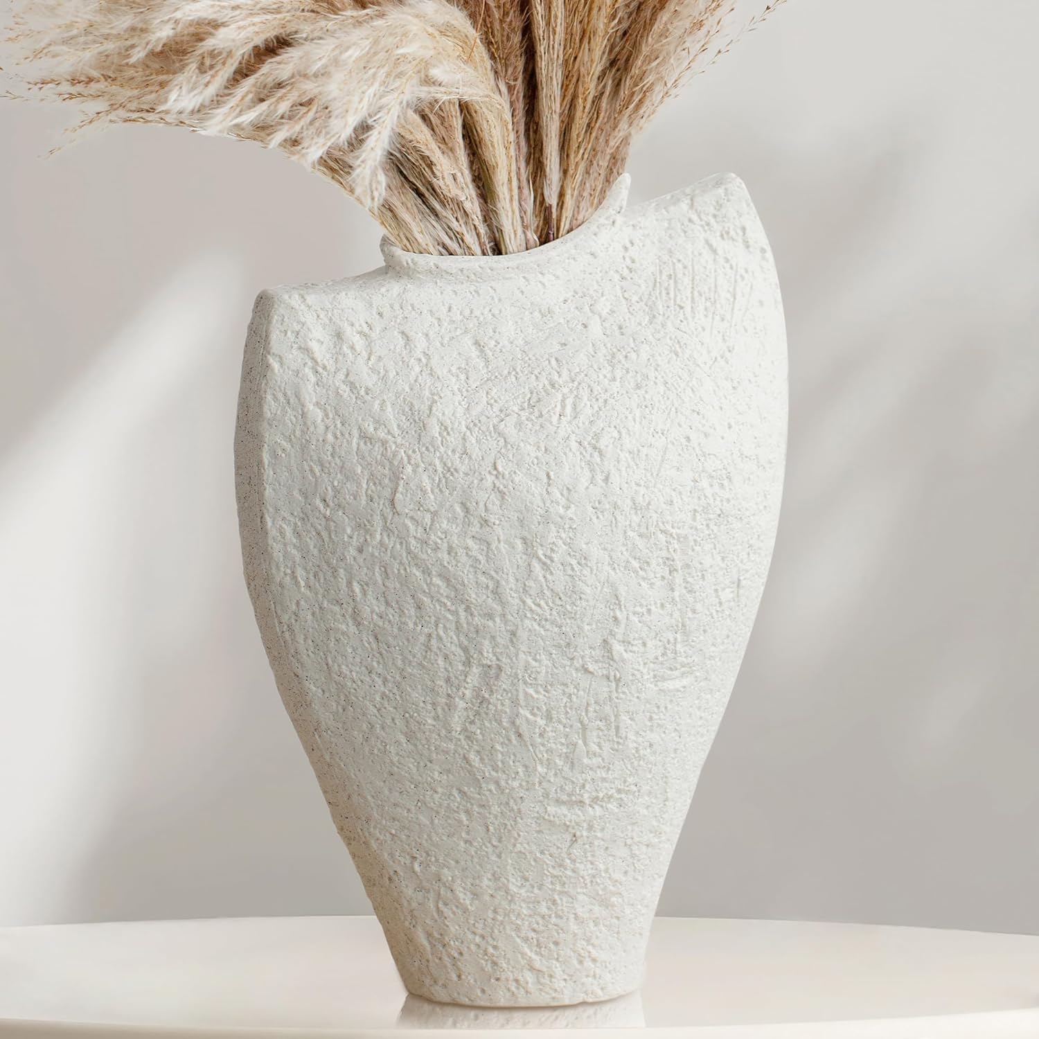 Large Ceramic Vase for Decor Living Room, 11 inch Tall White Ceramic Flower Vases, Boho Vase for Farmhouse Home Decor, Stone Textured Modern Nordic Artisan Vases for Centerpiece, Leak Proof