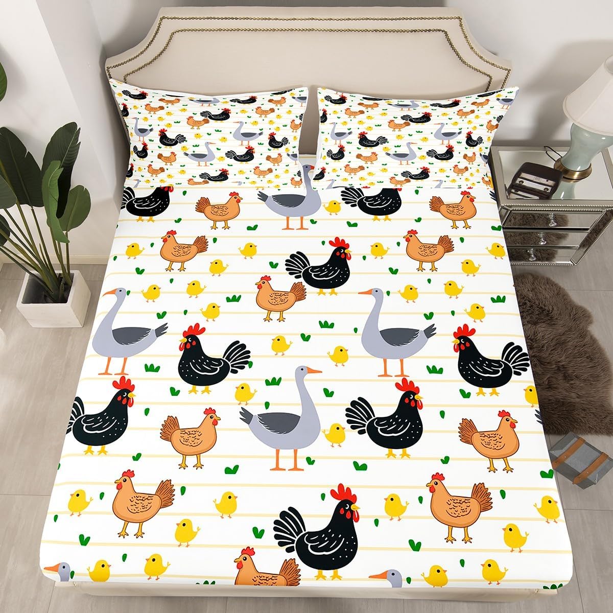 Cartoon Animal Bed Sheetsfor Kids Boys Girls,Cute Chicken Chick Fitted Sheet,Goose Duck Bedding Set Queen,Geometric Striped Lines Leaves Bed Cover Microfiber + 2 Pillowcases Home Room Decor Color 04 Queen(no Flat/Top Sheet)