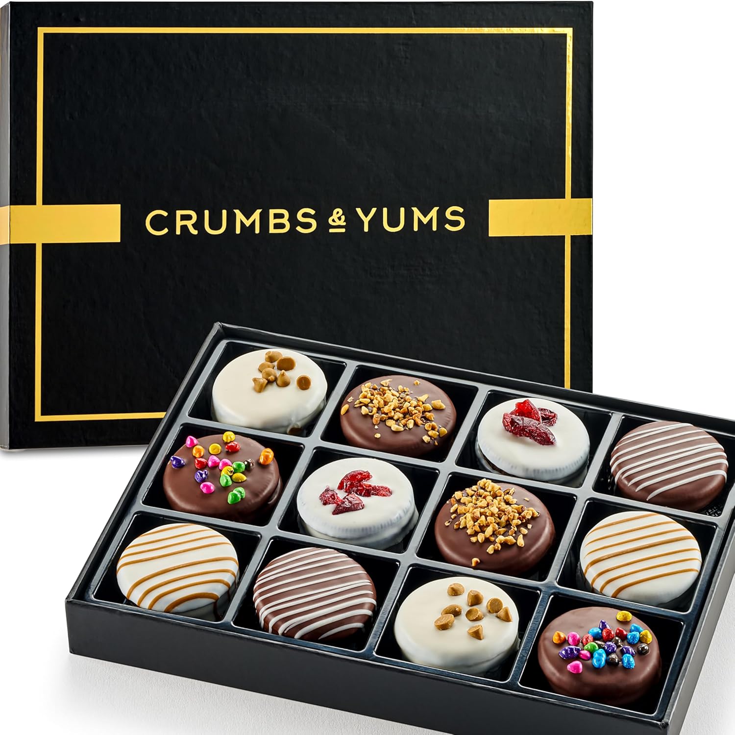 Cookies Gift Basket - 12 Gourmet Chocolate Covered Sandwich Cookies with Assorted Toppings - Assorted Food Gift Box for Christmas, Thanksgiving, Fathers Day, Mothers Day, Family, Sympathy, Men & Women.
