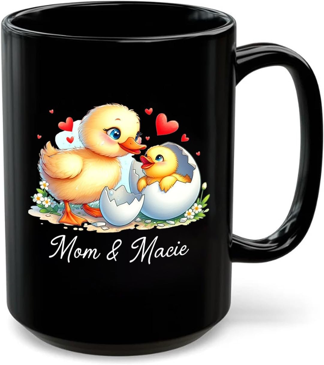 Personalized Duck Mom & Baby Mug, Duck Black Coffee Cup, Mother Duck Ceramic Mugs, Keepsake Gift for Mothers Day, Birthday, Holiday, Customized Name Mom and Baby Duck Tea Cup, Duck Cup 11oz 15oz Duck Mom & Baby Black Mug