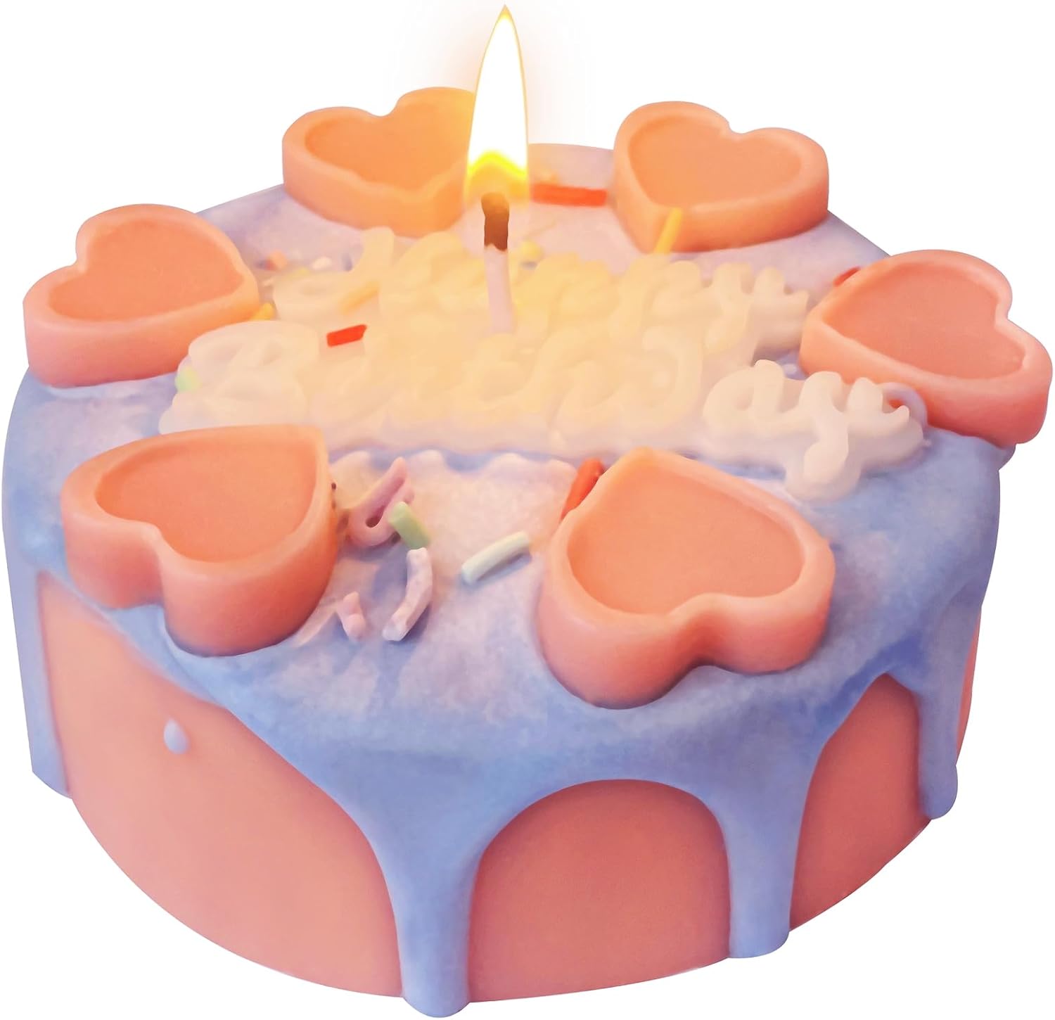Realistic Birthday Cake Themed Scented Candle with Blue Cream, Pink Heart-Shaped Wax and "Happy Birthday" Words, Novelty Birthday Gift for Friends and Girlfriends