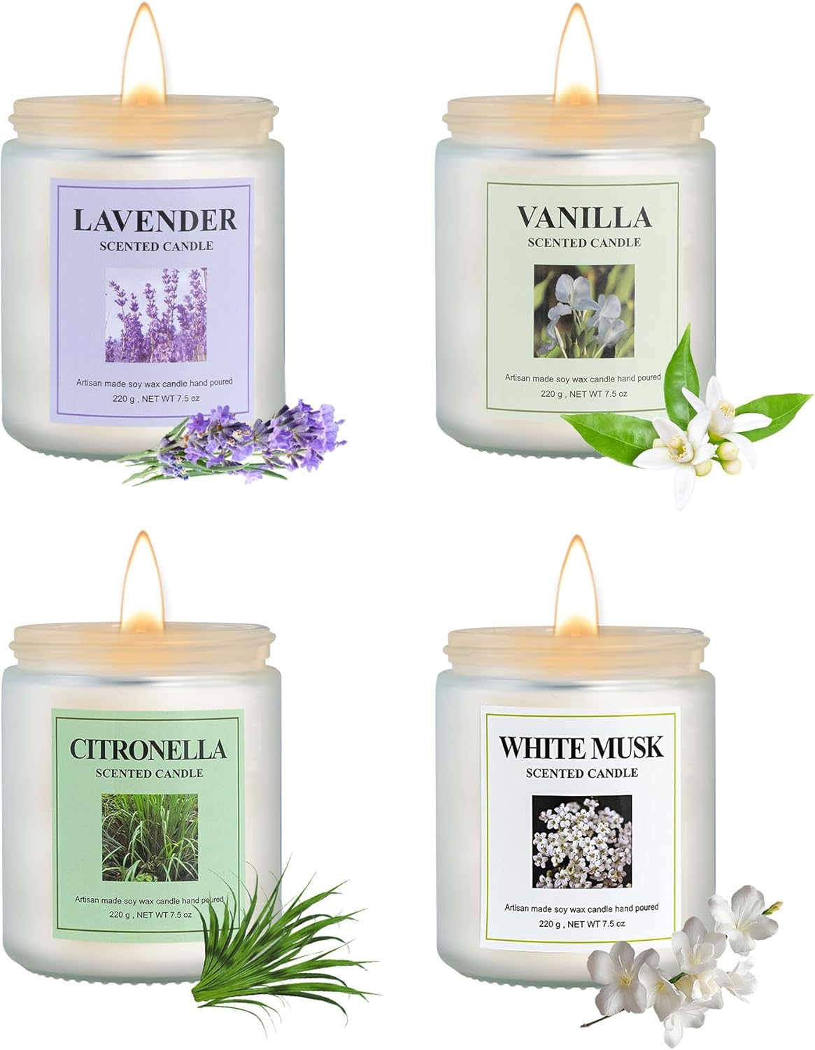 Aromatherapy Candles for Bedrooms Yoga Rooms Lounges Birthday Valentine and Anniversary, 30 oz 200 Hour Home Candle Set, Lavender Vanilla Citronella White Musk Scented Candle Set, Pack of 4