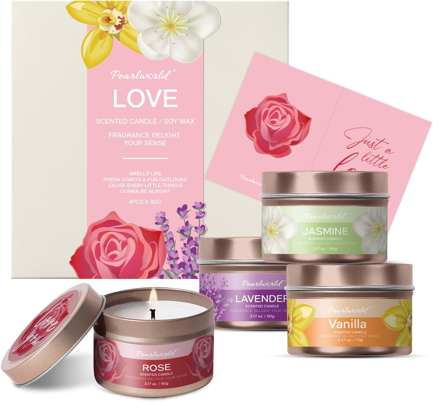 Scented Candle Set, 4 Pack/ 3.17 Oz - Jasmine, Rose, Vanilla, Lavender Natural Soy Wax Candles Set, Scented Candles Gifts Set for Women, Birthday, Mother's Day, Valentine, Anniversary Present Rose Gold