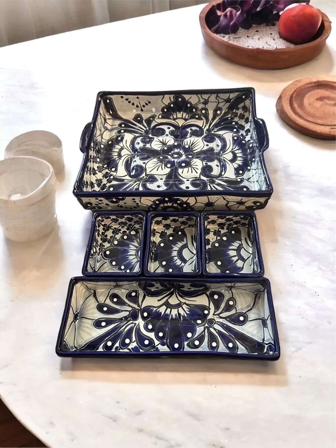 Five-Piece Talavera Casserole Baking Set - Blue and White, 13x9 Inches, Oven Safe, Microwave Safe, Dishwasher Safe, Hand-Painted Mexican Pottery