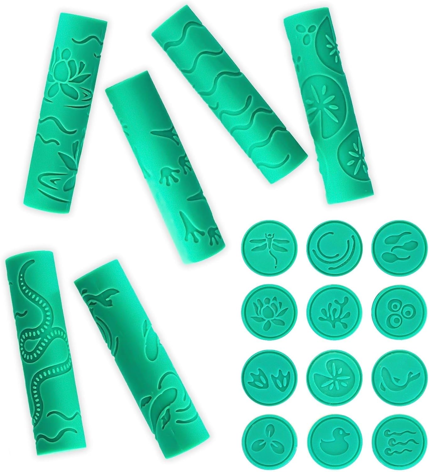 Textured Play Dough Roller Stamps for Modeling Dough and Clay, Pond Art Preschool Toy, Easy Clean Silicone Hand Grip for Kids, Playdough Tools Set Ages 3+, Safe for Baking and Crafts