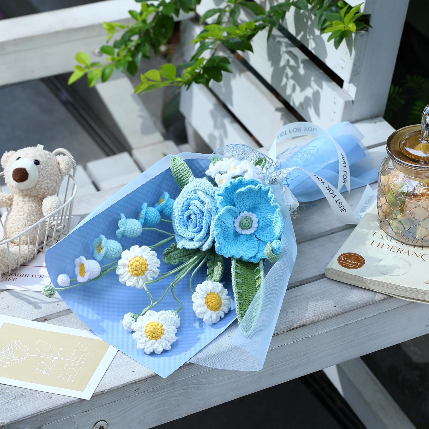 Crochet Flower Bouquet Blue Roses Tulip - Wedding 'Something Blue' Graduation Tradition & Mother's Day Gift - Pet-Safe Knitted Florals Handmade by Artisan Moms Rose-Blue