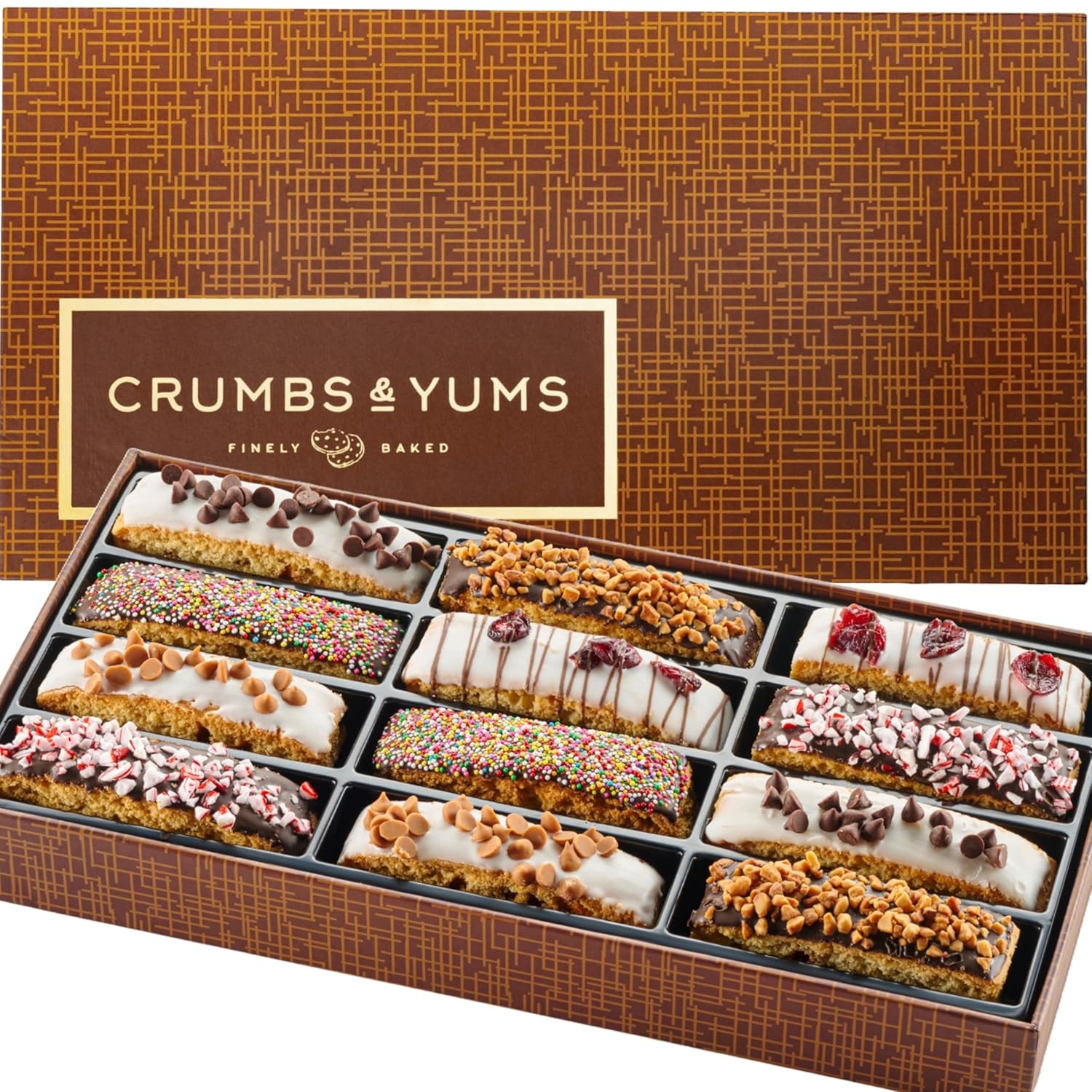 Cookies Gift Basket - 12 Gourmet Chocolate Covered Biscotti with Assorted Toppings - Assorted Food Gift Box for Christmas, Thanksgiving, Fathers Day, Mothers Day, Family, Sympathy, Men & Women.