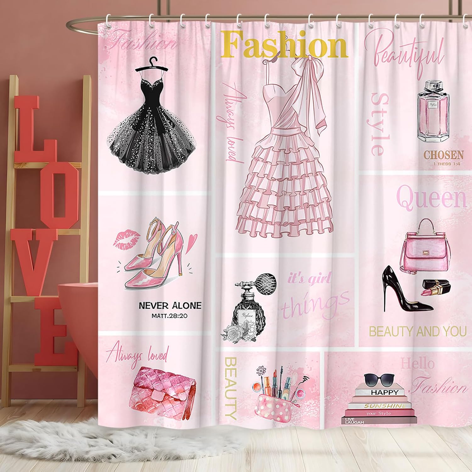 Pink Girly Shower Curtain Fashion Black Dresses Modern Beauty High Heels Girls Perfume Bottles Golden Fonts Magazines Collection Female Watercolor Flower Art Bathroom Fabric with Hook 70x70Inch…