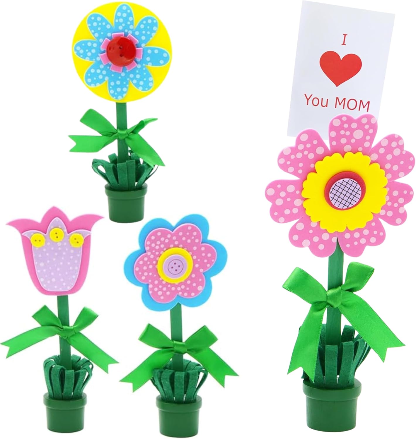 4E's Novelty DIY Flower Pot Craft Kit - 4 Pack Wood & Foam Spring Crafts for Kids, Mothers Day Card Holder, Recipe or Picture Holder DIY Mothers Day Gifts from Kids Home Activities