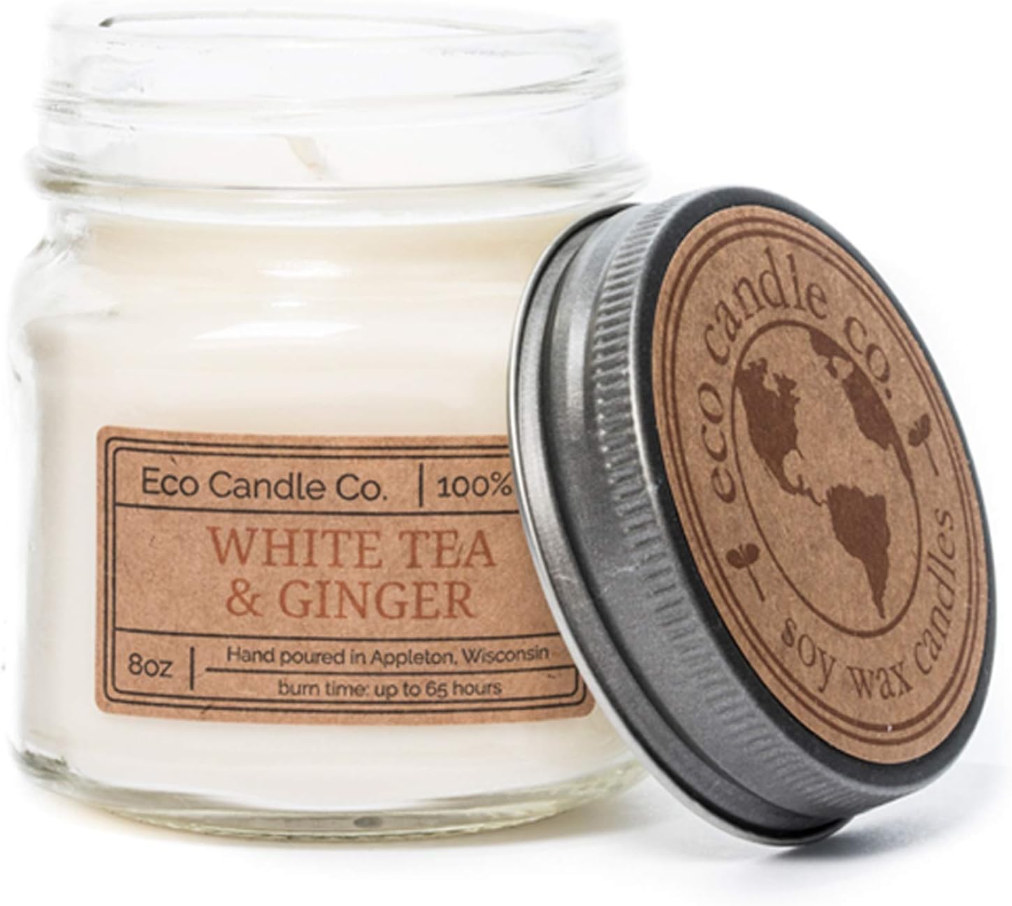 Eco Candle Co. Mason Jar Candle, White Tea & Ginger, 8 oz. - Scents of White Tea, Spices, Citrus, Jasmine, & Ginger - 100% Soy Wax, No Lead, Kraft Label & Antiqued Pewter Lid, Hand Made