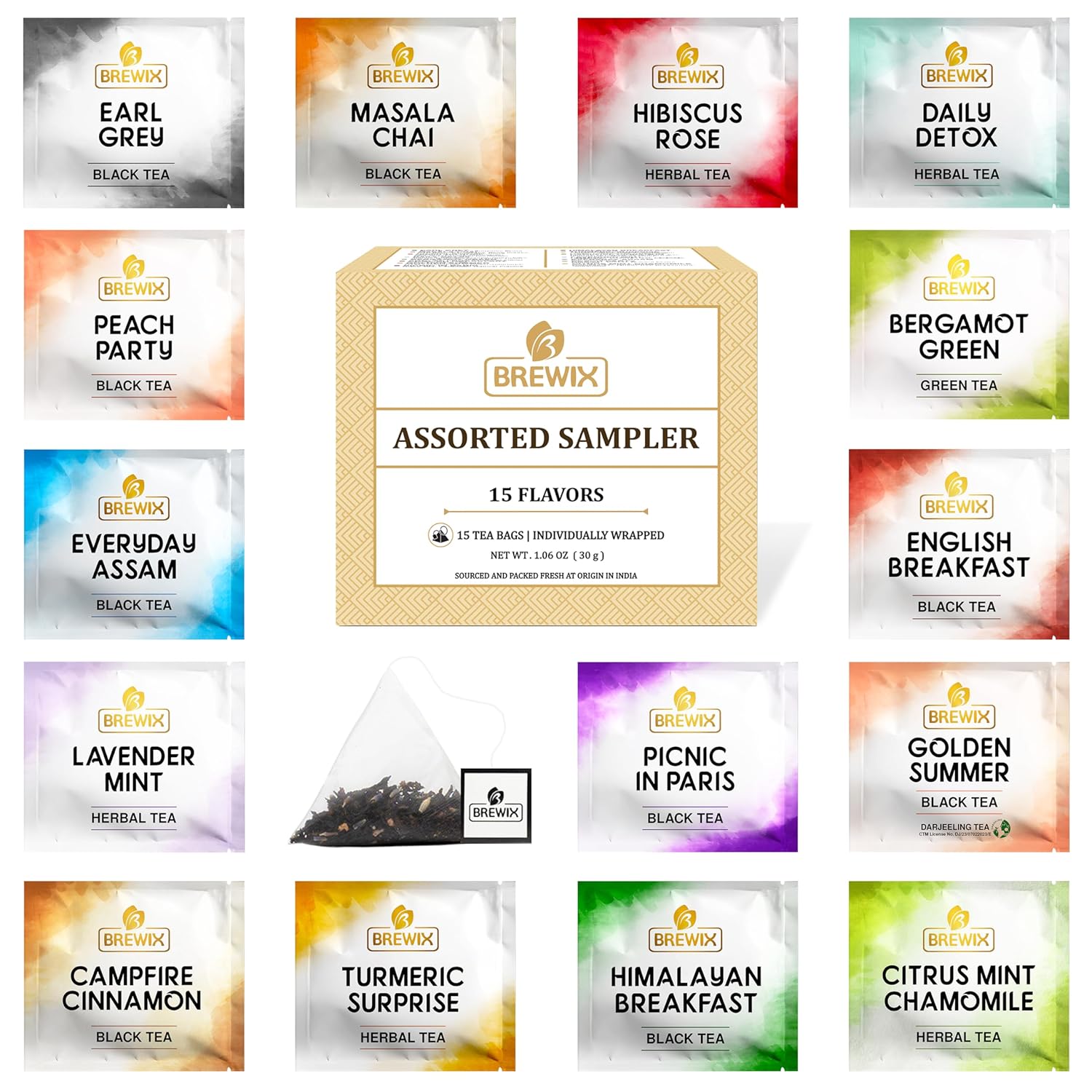 BREWIX Premium Assorted Tea Sampler Gift Box (15 Pyramid Individually Wrapped Tea Bags) | Herbal Tea, Black Tea, Green Tea | Tea Gift Set & Variety Pack | Gifts for Women & Men, Tea Set Assorted Tea Sample 15 Count (Pack of 1)
