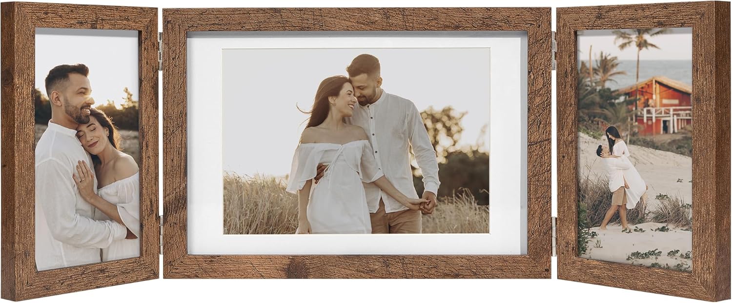 Sonefreiy 3 Picture Frame, 5x7 and 4x6 Photo Collage Frame for Wall, Rustic Wooden Hinged Folding Multi Picture Frames Mothers Day Gifts, Gift for Mom Grandma Family Friends Brown Brown 5x7/4x6