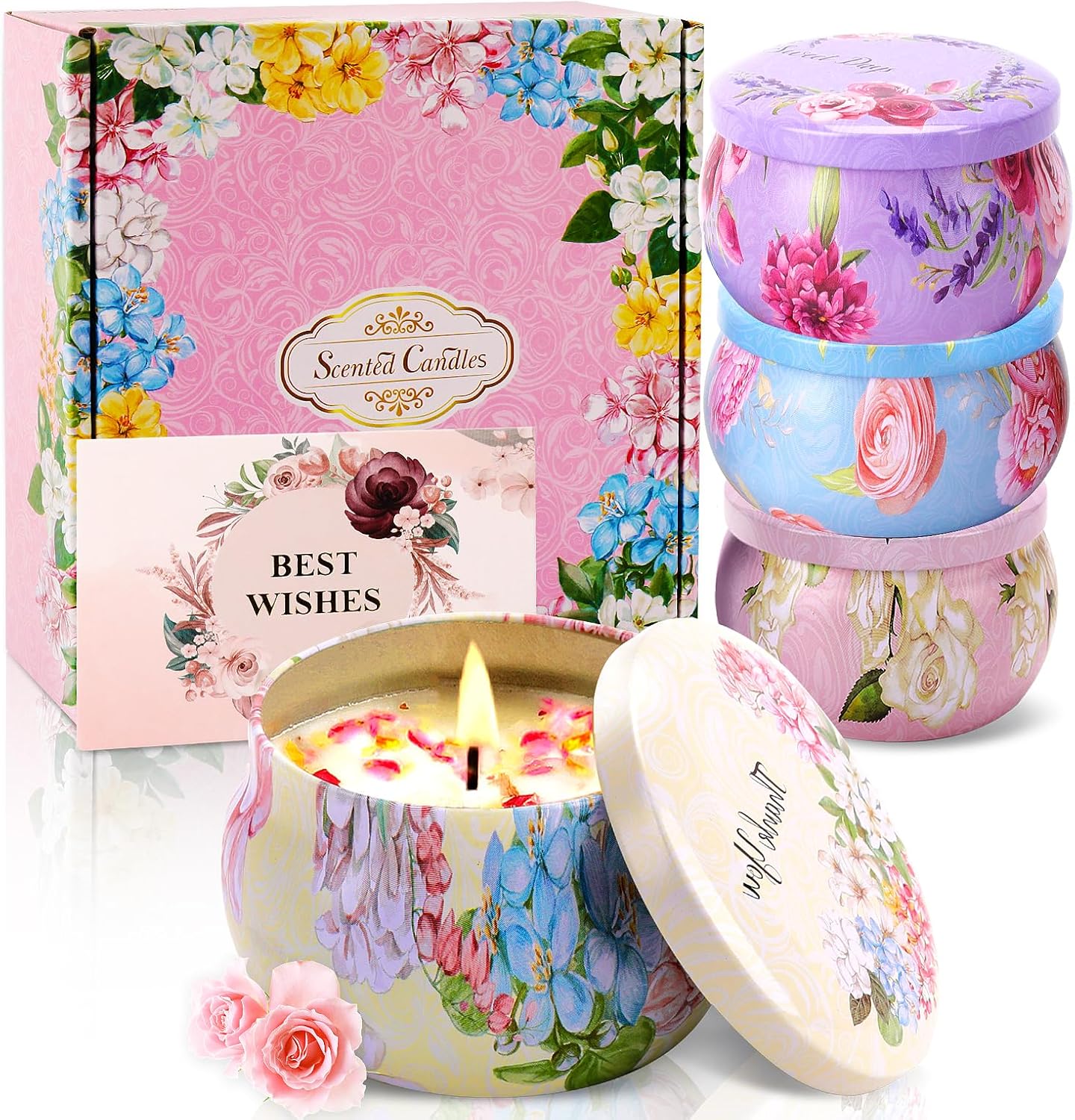 Women's Scented Candle Gift Set, 4-Piece Pack 4.4 oz(About 124.7 Grams) Christmas Home Candle,120 Hours Long lastingAromatherapy Candle, Natural Soy Wax, Stress Relief, Birthday, Christmas Ideal Gift Fancy pattern