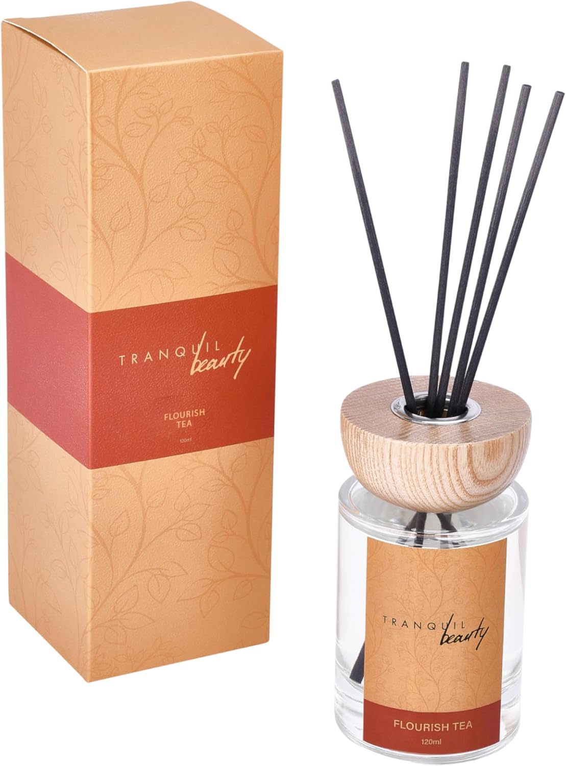 Tranquil Beauty Reed Diffuser with Wood Lid - Flourish Tea Scent Reed Aroma - Floral, Herbal and Slightly Sweet, Rose and Jasmine, 3 Sticks - Modernistic Design and Decorative Fragrance-2.3x4.3in