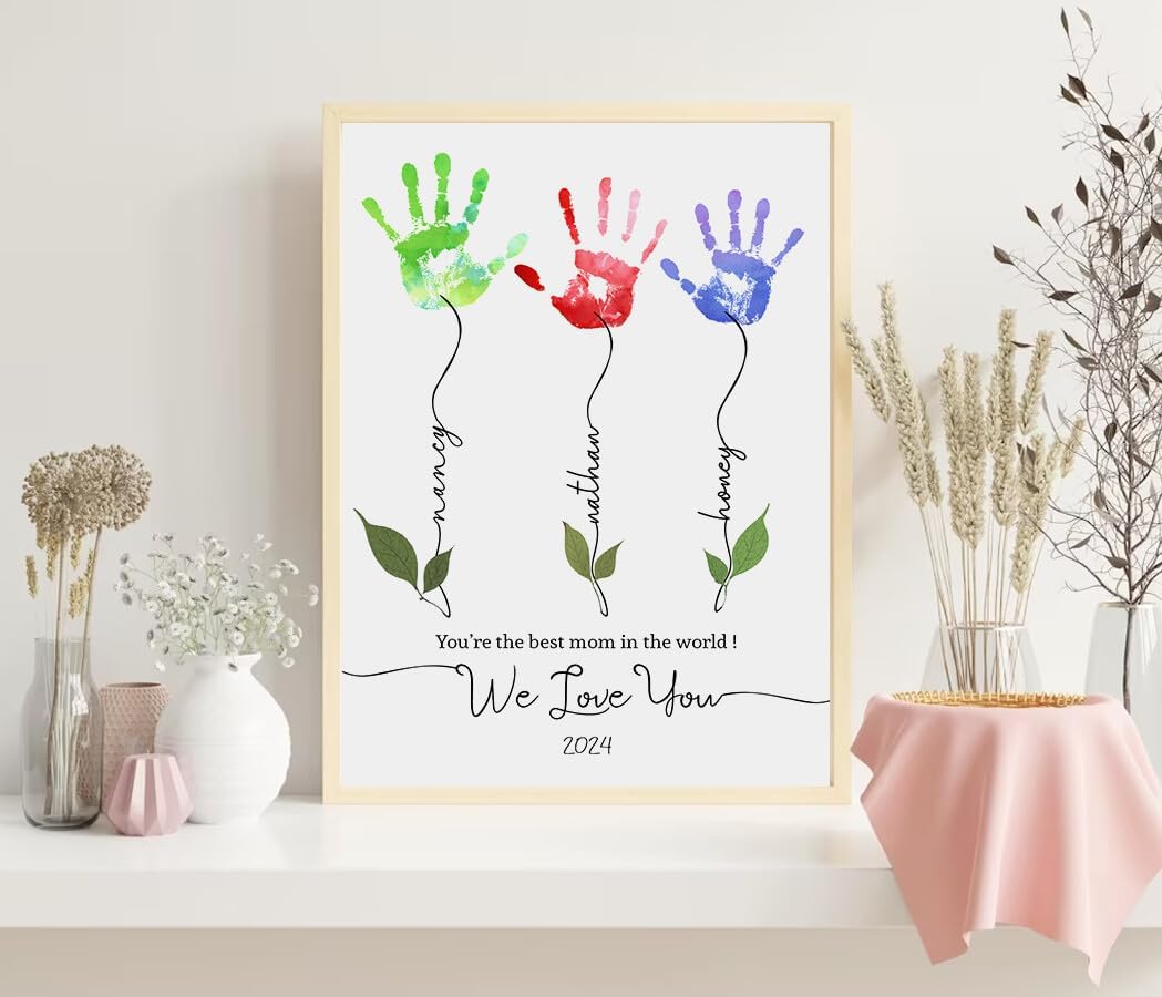 KORAFINA Gifts For Mom Personalized Mom Handprint Gift For Mother's Day Or Birthday Flower Handprint Craft For Kids Grandma Mothers Day Canvas Wall Art Mom 08 17L" x 11W"