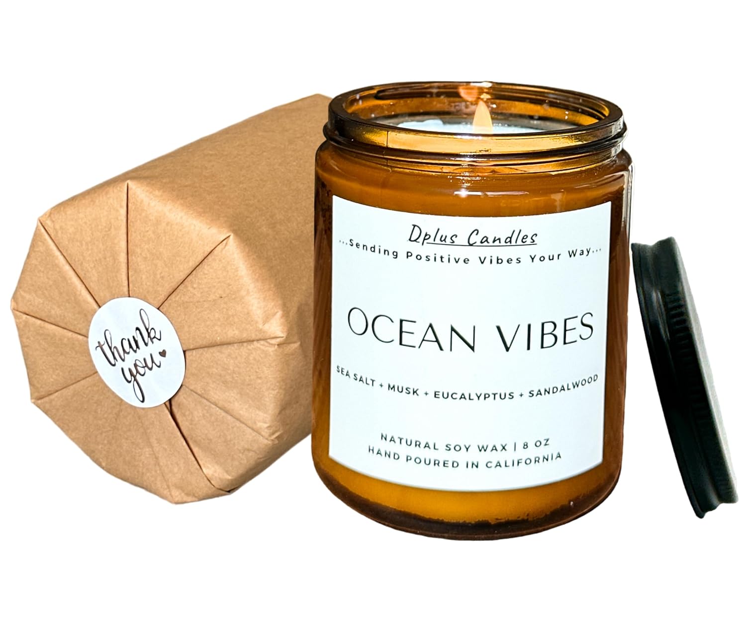 Ocean Vibes Candle | Sea Salt, Musk, Eucalyptus and Sandalwood Candles for Home Scented | Soy Candle Gift for Women | Beach Home Decor | 8 oz jar | Made in the USA | Dplus Candles