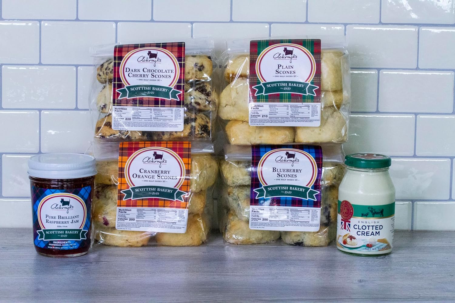 Ackroyd's Bakery Afternoon Tea Starter Set with Two Dozen Fresh Baked Scones, Clotted Cream, and Ackroyd's Pure Brilliant Raspberry Jam - Perfect for baby shower, breakfast in bed, care package, new mom gift, Graduation Party, Summer Picnic