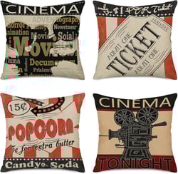 Fukeen Vintage Cinema Decorative Pillow Covers Set of 4 Movie Theater with Fresh Popcorn, Projector, Admit One Ticket Decorative Pillow Cases Cotton Linen Square 18”x18” Home Couch Decor Cushion Cover Cinema Movie Theater