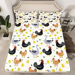 Cartoon Animal Bed Sheetsfor Kids Boys Girls,Cute Chicken Chick Fitted Sheet,Goose Duck Bedding Set Queen,Geometric Striped Lines Leaves Bed Cover Microfiber + 2 Pillowcases Home Room Decor Color 04 Queen(no Flat/Top Sheet)