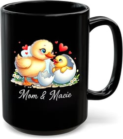 Personalized Duck Mom & Baby Mug, Duck Black Coffee Cup, Mother Duck Ceramic Mugs, Keepsake Gift for Mothers Day, Birthday, Holiday, Customized Name Mom and Baby Duck Tea Cup, Duck Cup 11oz 15oz Duck Mom & Baby Black Mug
