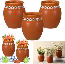 3 Pcs 16oz Cantaritos De Barro Mexicanos Terracotta Vases Sets Mexican Ceramic Vases with Flower Print Clay Margarita Glasses for Mexican Wedding Table Decorations Fiesta Centerpieces