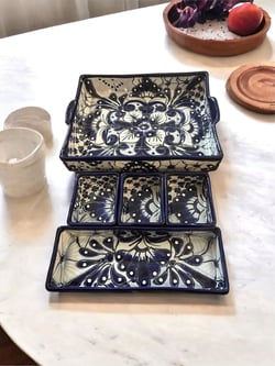 Five-Piece Talavera Casserole Baking Set - Blue and White, 13x9 Inches, Oven Safe, Microwave Safe, Dishwasher Safe, Hand-Painted Mexican Pottery