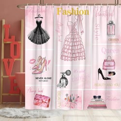 Pink Girly Shower Curtain Fashion Black Dresses Modern Beauty High Heels Girls Perfume Bottles Golden Fonts Magazines Collection Female Watercolor Flower Art Bathroom Fabric with Hook 70x70Inch…