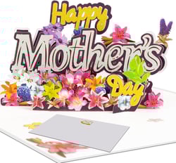 3D Pop Up Mother’s Day Card – "Happy Mother’s Day" with Glittery Floral Design, Gold and Silver Script, Colorful Flowers, Lavender Sprig, Includes Envelope and Blank Notecard for Mom, Stepmother, Mother in Law, Grandma, Wife, Sister, Aunt Lily Mother's Day
