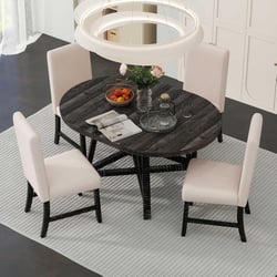 5-Piece Retro Functional Dining Set, Solid Wood Extendable Dining Table with Removable Middle Leaf and 4 Upholstered Chairs, Kitchen Dining Room Home Family Breakfast Set for 4 (Black/Beige)
