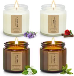 4 Pack Candles for Home Scented, Lavender Candles Gifts Set for Women, Soy Wax Long Lasting White & Amber Jar Candles, Birthday, Mother's, Anniversary Lavender |Sage | Sandalwood Rose | Jasmine