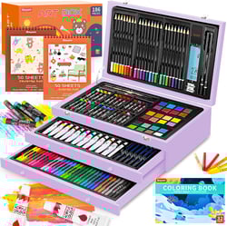 Art Supplies, 186-Pack Deluxe Art Set with 2 A4 Drawing Pads, 1 Coloring Book, 24 Acrylic Paints, Crayons, Colored Pencils, Watercake, Creative Gift Box for Adults Artist Beginners Kids Girls Boys