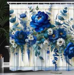 Ambesonne Blue Shower Curtain, Peony Daisy and Wild Flowers with Eucalyptus Branches on Rustic Backdrop, Cloth Fabric Bathroom Decor Set with Hooks, 69" W x 84" L, Teal and Dark Turquoise 69"W x 84"L (Pack of 1) Teal and Dark Turquoise