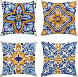 Sanwarm Throw Pillow Covers Home Decor Set of 4 Italian Mexican Ceramic Talavera Pillow Cases Decorative 18 x 18 Inches Outdoor Cushion Couch Sofa Pillowcases